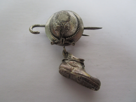 Antique Silver Military Helmet & Boot Dangle Brooch