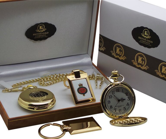 Grenadier Guards Personalised 24K Gold Plated Pocket Watch & Keyring Keychain in Luxury Box Full Hunter With Chain Army Military Gift Set