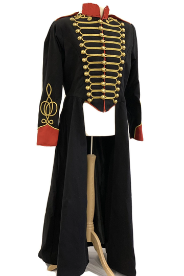 New Men's Steampunk Black Military Full Length Coat Front Braids Expedited Shipping