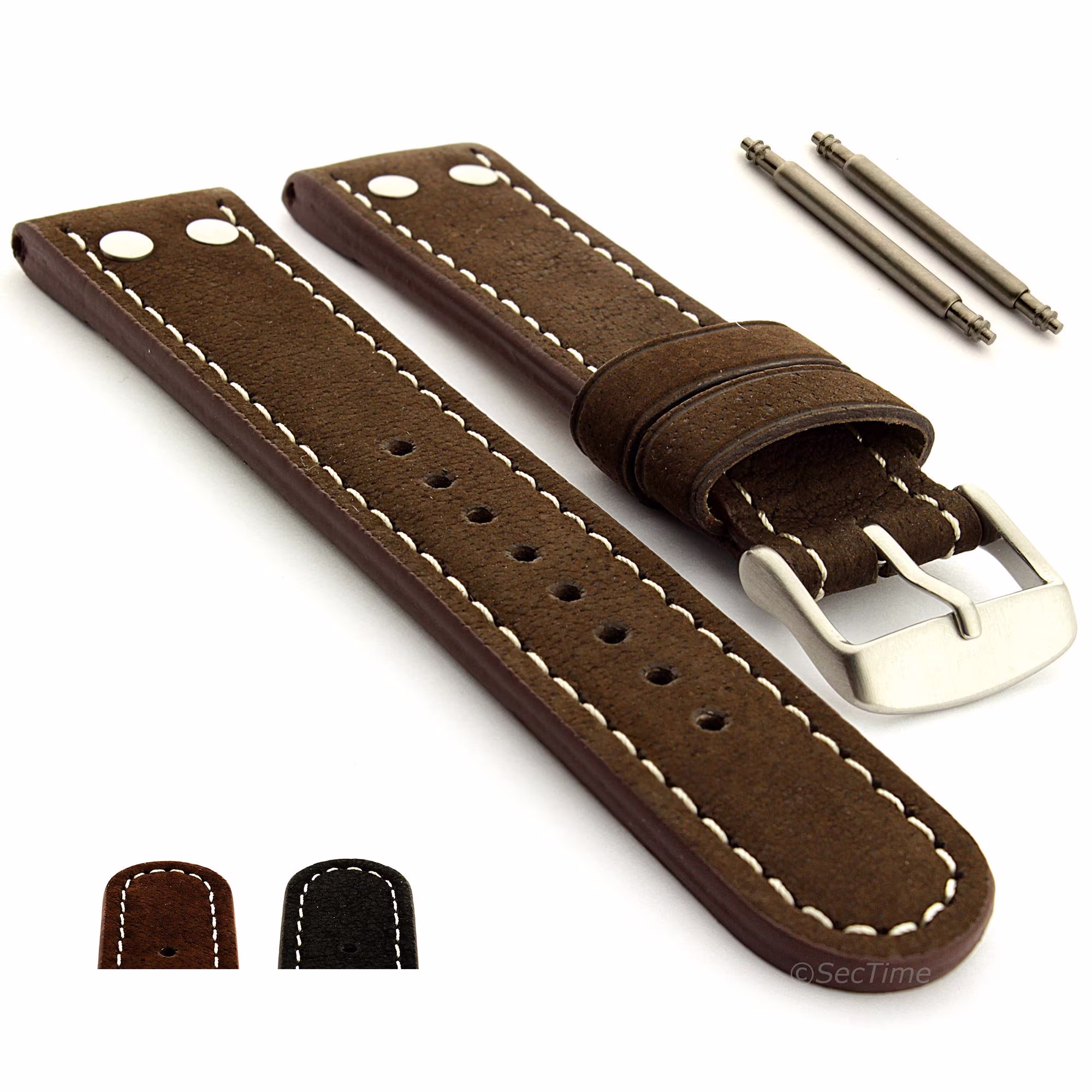 20mm 22mm Riveted Suede Genuine Leather Watch Strap Band in Aviator Style Extra Short Brown Black Ss. Buckle & Spring Bars