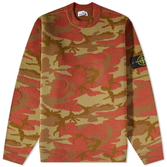 Stone Island Jaquard Camo Crew Knit Military Green