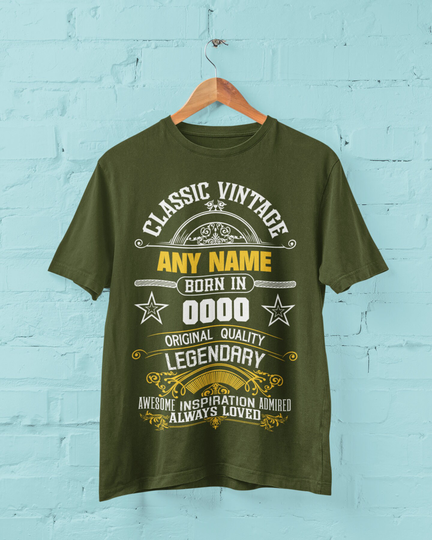 Personalised Name & Birth Year Birthday T Shirt Classic Vintage Any