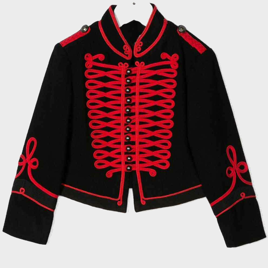 Ladies Modern Luxury Black Military Wool Jacket Red Embroidery, Women Hussar Jacket, Made To Order Ladies Army Jacket