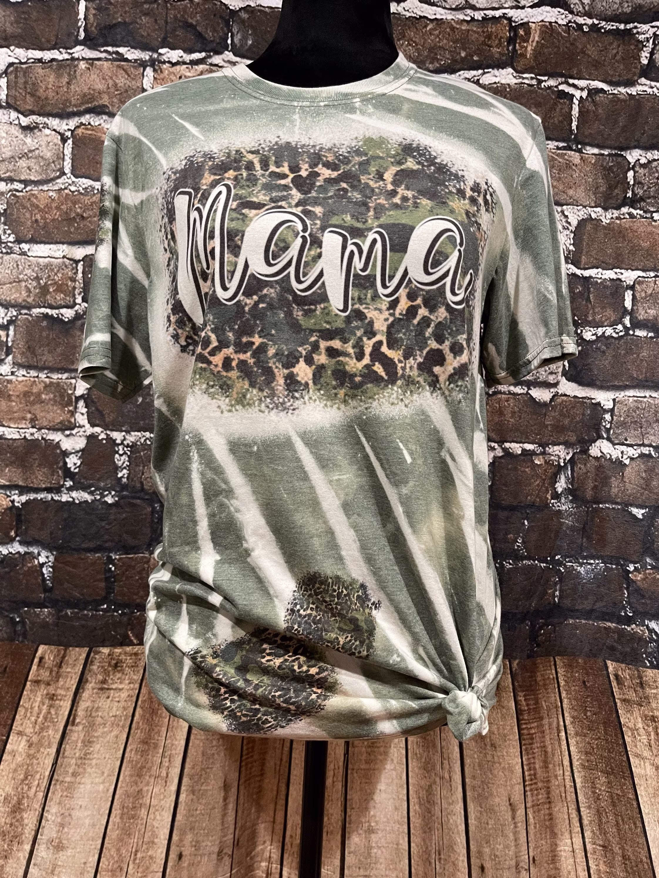 Mama in Camo Leopard/Distressed Bleached/Vintage Faux T-Shirt Or Racerback Tank-Top. | Pictures Shown Military Green & Dark Heather