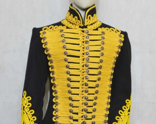 New Men's Black Wool Hussar Military Jacket With Heavy Gold Braid Worldwide Expedited Shipping