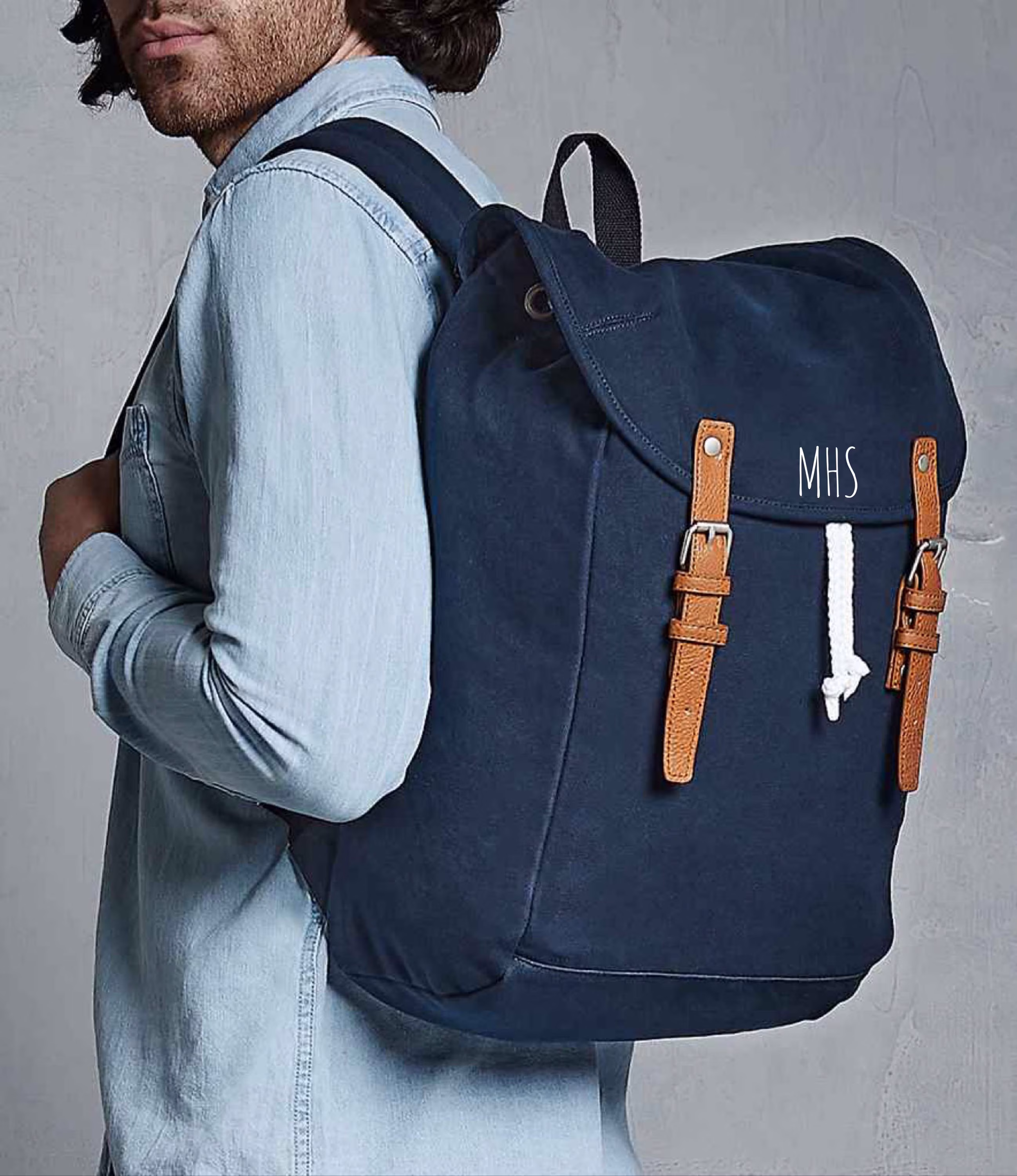 Vintage Inspired Rucksack Cotton Canvas Laptop Backpack, Bag, Unisex, Personalised With Initials