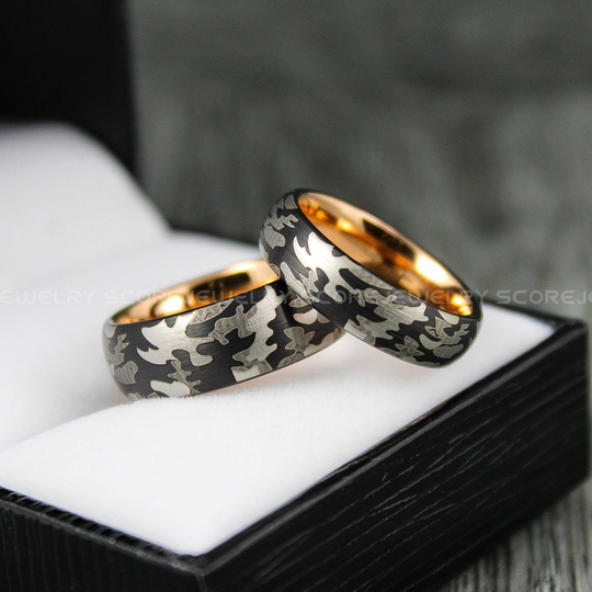 Camo Rings, Camouflage Ring, Army Military Black Bands, 2 Piece Couple Set Tungsten Wedding Rings