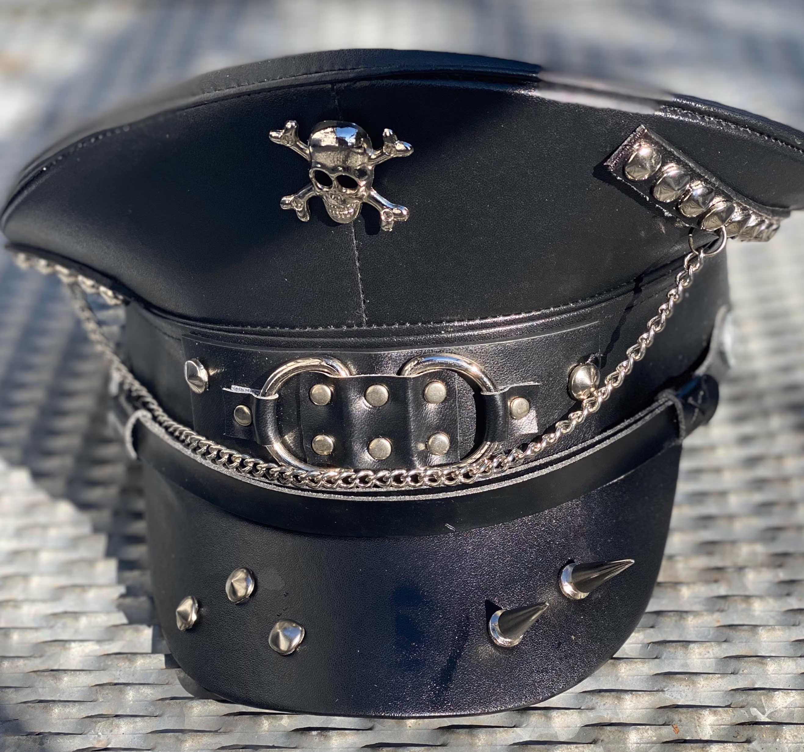 Industrial Black Leatheret Hat With Chains & Metals 2