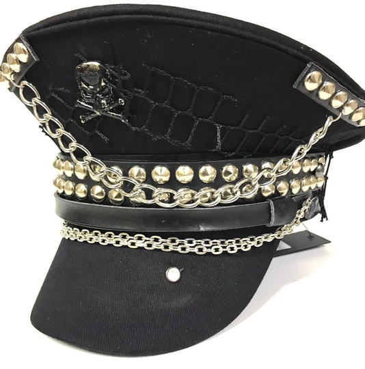 Industrial Punk, Gothic Cotton Military Hat With Black Skull, Studs & Chains in 57, 58, 59cm