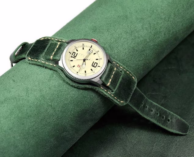 Leather Watch Strap Green Distressed Leather Band Men, Military Aviator Bund 18mm 20mm 22mm 24mm Handmade Cuff