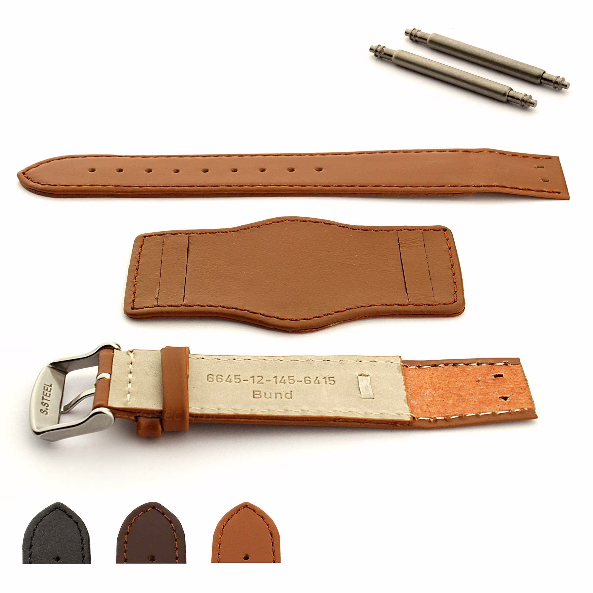 18mm 20mm 22mm 24mm Genuine Leather Military Watch Strap Band With Wrist Pad For Fixed Or Standard Lugs - Bund, Black Brown, Spring Bars