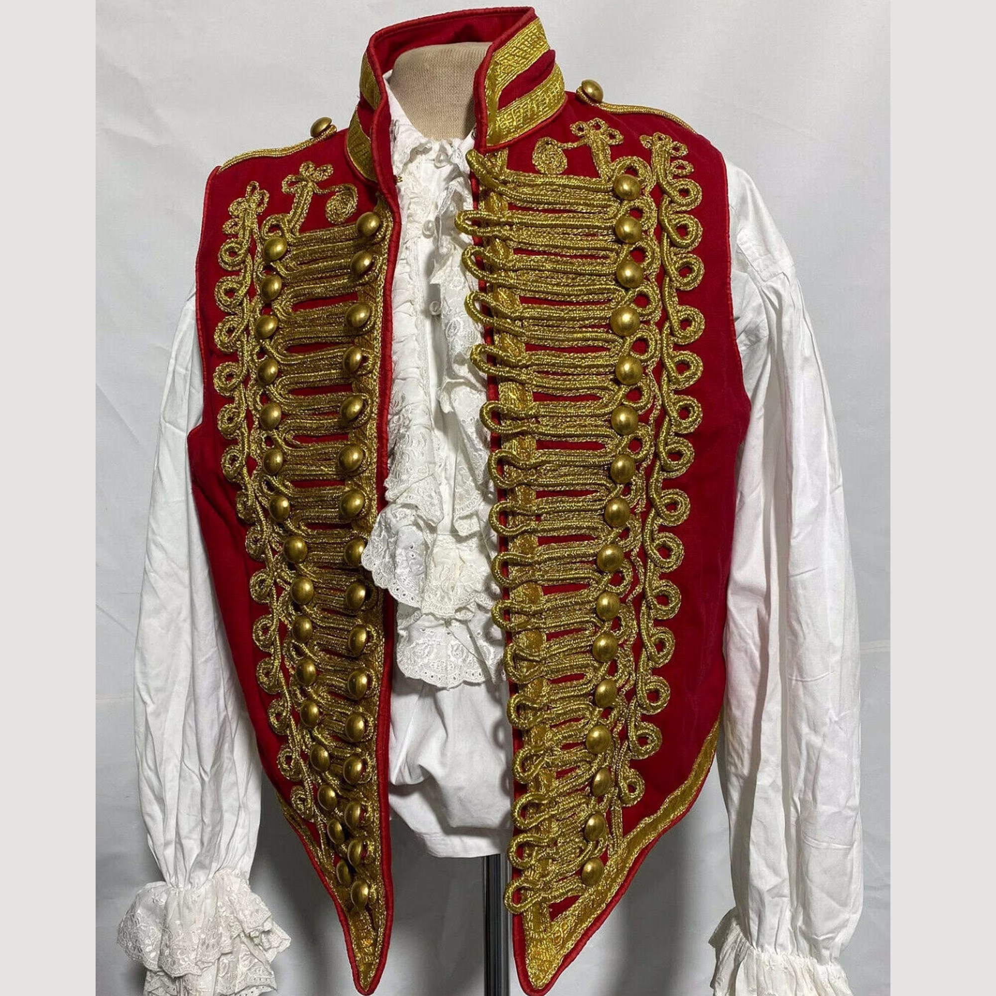 Men's New Ceremonial Military Army Red &gold Braiding Hussar Waistcoat Vest, Fashion Vest