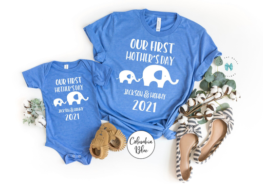 First Mothers Day Gift Mommy & Me Shirts Set, Outfits Mom Baby Matching Elephants 352