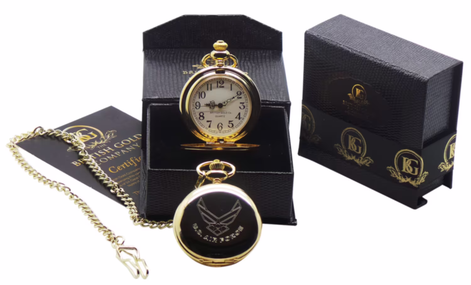 Us Air Force 24K Gold Plated Personalised Pocket Watch in Luxury Box With Certificate Full Hunter Chain Army Military Cadet