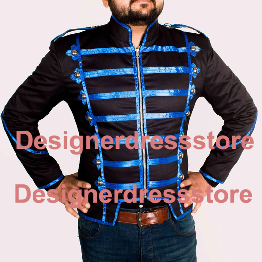 Blue Black Military Marching Band Drummer Jacket, Military Marching Jacket, Drummer Black & Blue Army