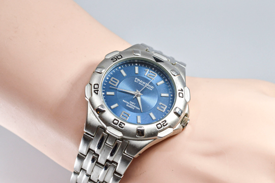Prestige By Waltham Steel Tone With Blue Dial Mans Sports Quartz Wrist Watch