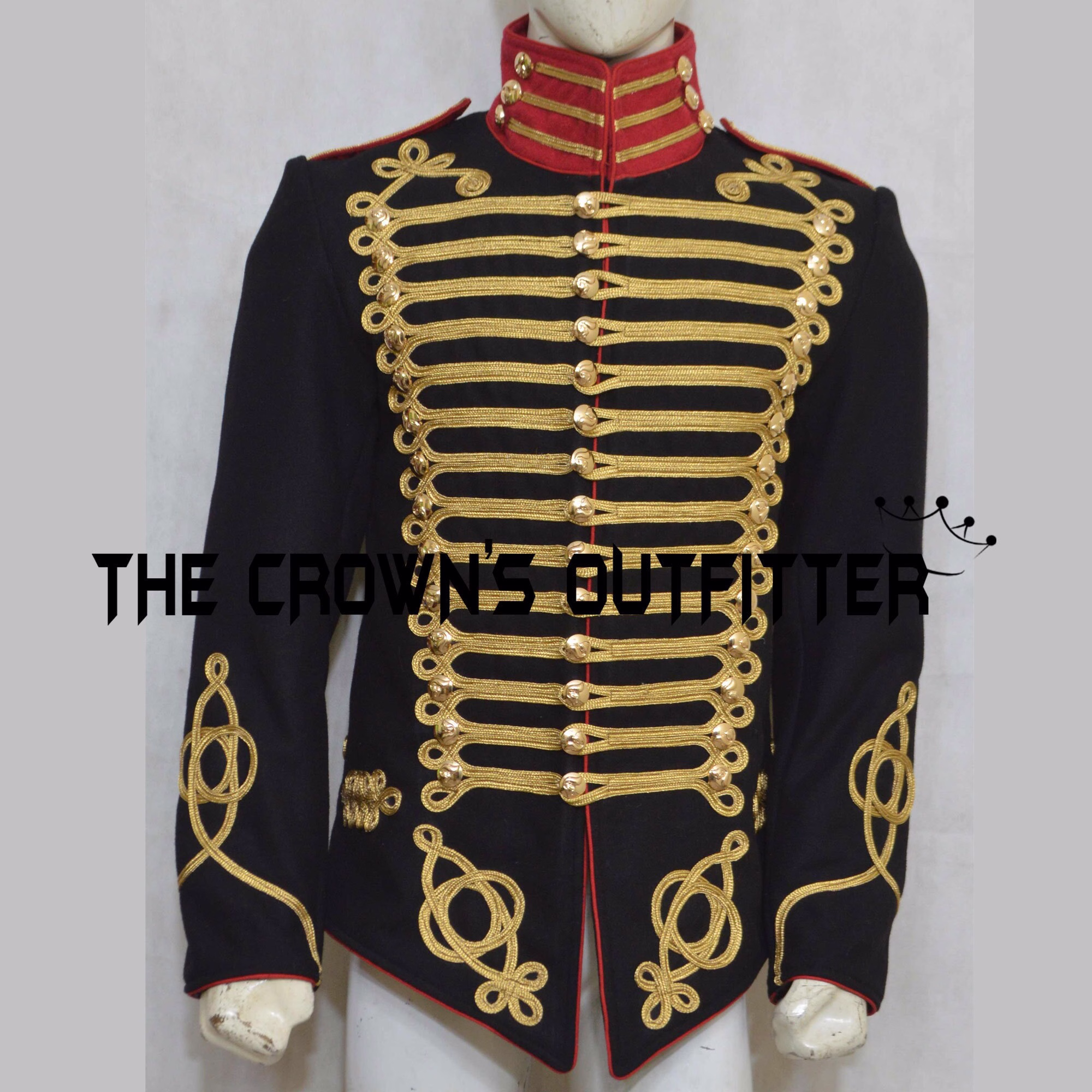 New Men's Black Steampunk Army Officers Antique Gold Braiding Hussar Jacket Worldwide Expedited Shipping