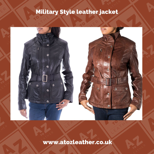 Womens Real Leather Military Style Fashionable Jacket/Coat With Large Stand Collar. Available in Black & Brown