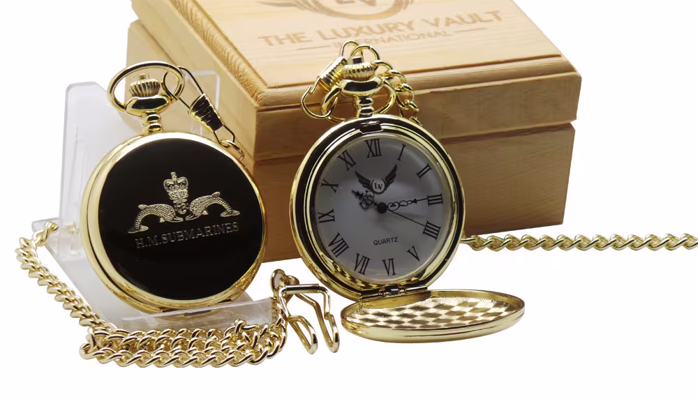 Royal Navy Submariner Gold Pocket Watch Full Hunter With Chain Wooden Gift Box & Certificate Free Engraved Personalised Custom Engraving