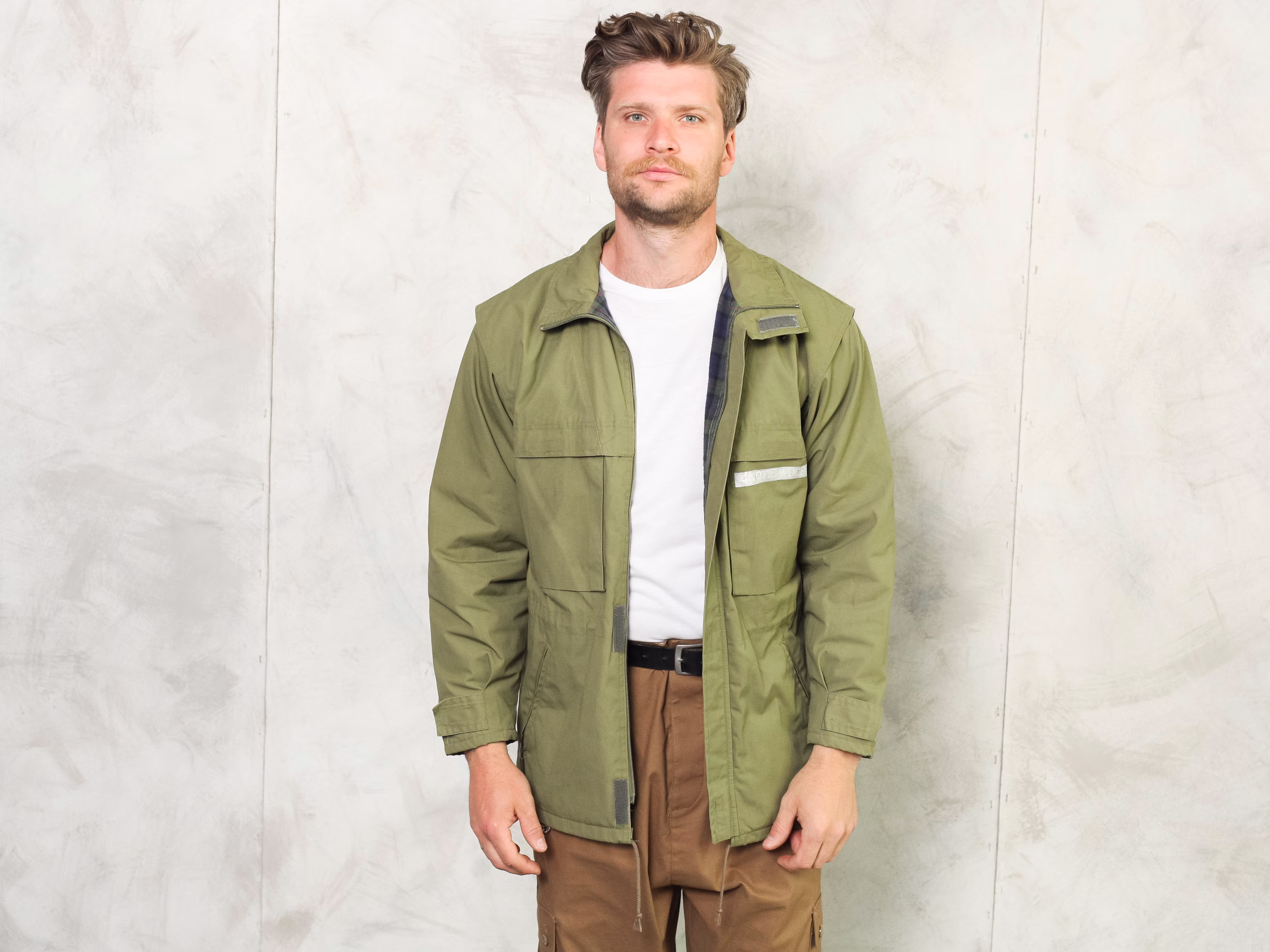 Green Hiking Jacket Men Vintage 90S Military Light Parka Jacket Gift Idea Nature Traveler Outerwear Clothing Size Medium