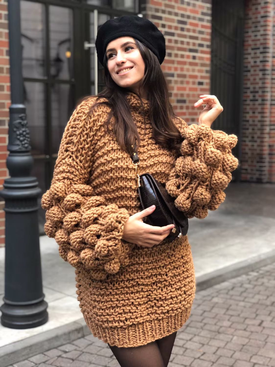 Beige Chunky Sweater Bubble Cardigan Crochet Knit Brown Mohair Oversized Wool