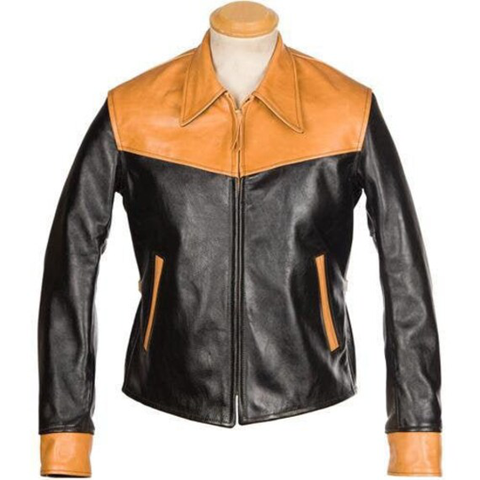 Usa Collar California Style Contrast Colour Black & Tan Genuine Cowhide Leather Jacket Men's