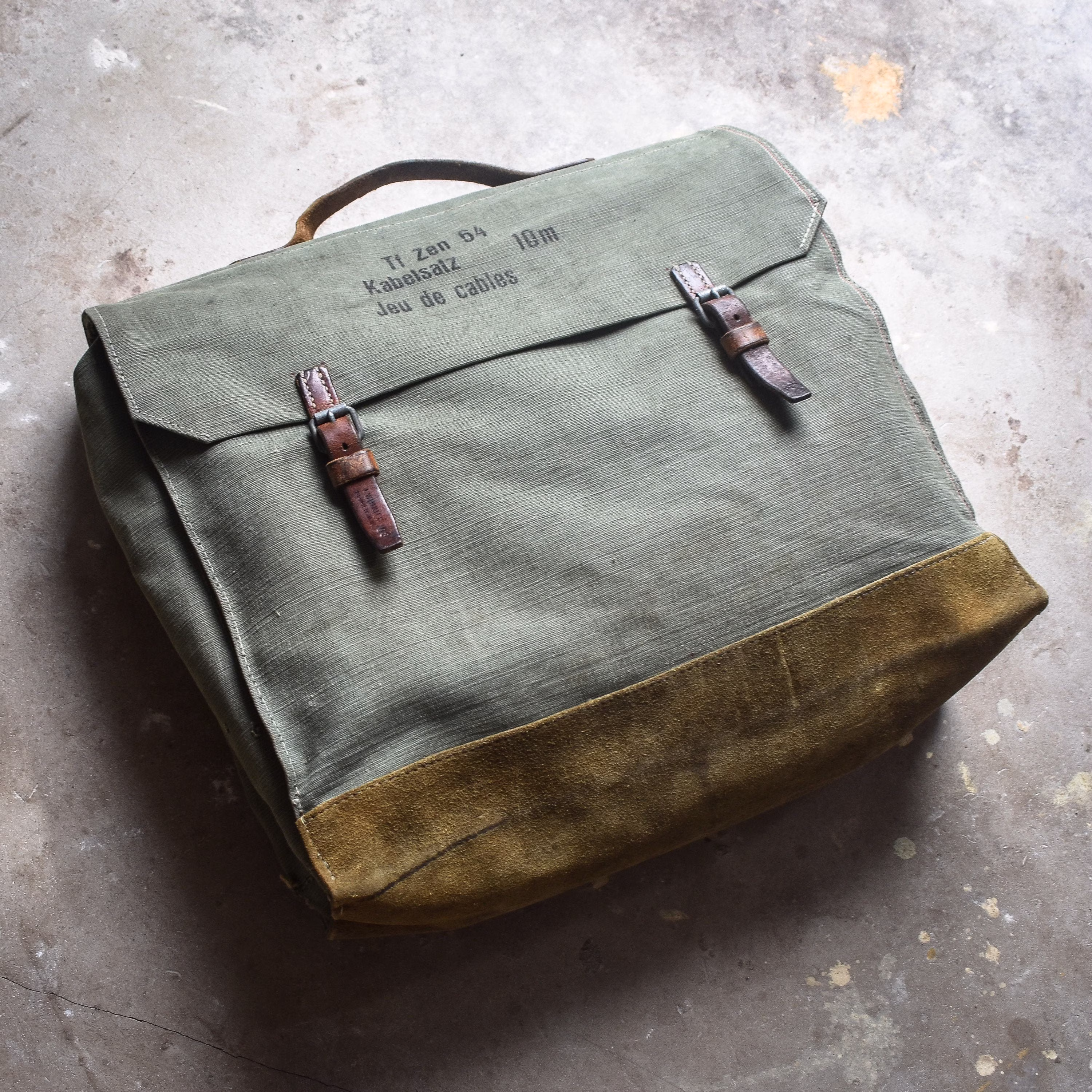 Vintage 60's Swiss Army Bag Green Enigneers Cable Tool Canvas Brown Leather Rugged Mens Military