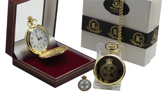 The Royal Green Jackets 24K Gold Plated Personalised Pocket Watch & Lapel Pin in Luxury Box With Chain Full Hunter Army Military Gifts Rgj
